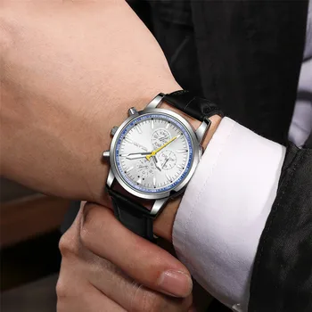 2023 Весенний новый тренд Мужские часы на ремне в британском стиле с тремя глазами и шестью иглами, кварцевые темпераментные мужские часы
