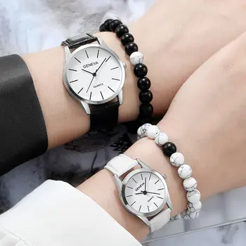 4шт Пара Кварцевых часов с браслетом из бисера Повседневная Мода для отдыха Круглые часы для пары Черно Белый набор браслетов из бисера
