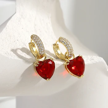 AENSOA Роскошные Серьги-кольца с подвеской в виде сердца из красного хрусталя с цирконом для женщин, металлические серьги-обнимашки золотого цвета, модные украшения для вечеринок