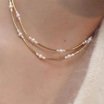 ALLNEWME Минималистичное ожерелье из натурального пресноводного жемчуга для женщин Оптом, Колье с витой цепочкой из 14-каратной позолоченной меди