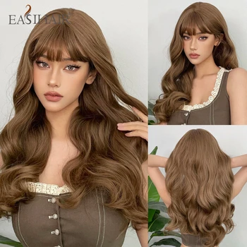 EASIHAIR Длинные Волнистые Пепельно-коричневые синтетические парики с челкой для женщин Daily Lolita Party Женские накладные волосы из натурального термостойкого волокна