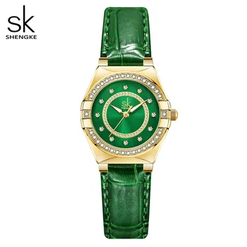 Shengke Новое поступление, Женские часы с зеленым кожаным ремешком, роскошные женские кварцевые наручные часы, модные женские часы OMG с бриллиантами
