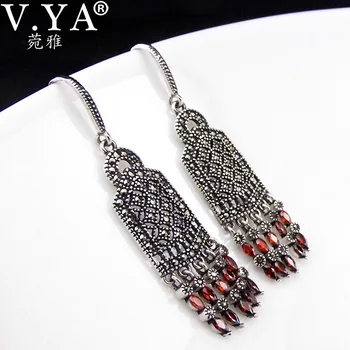 V.YA S925 Серебряные Винтажные серьги с кисточками Индийское заявление Длинные серьги из натурального камня в виде капли для женщин Богемные серьги