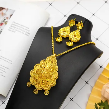 Арабская Невеста Подвеска золотого цвета для женщин с цветочной резьбой Двойного комбинированного дизайна, Алжирский свадебный ювелирный набор, ожерелье, серьги