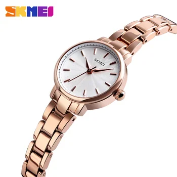 Женские часы-браслет SKMEI, модные Элегантные кварцевые наручные часы из розового золота и нержавеющей стали, женские простые водонепроницаемые Маленькие Часы