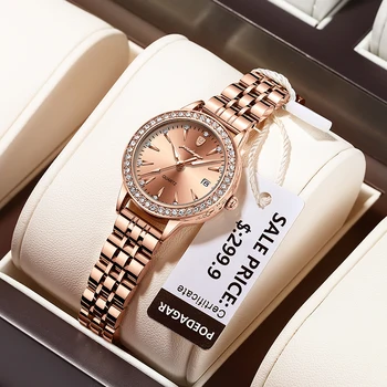 Женские часы с бриллиантовым браслетом POEDAGAR, Элегантное розовое золото, лидирующий бренд, Водонепроницаемые кварцевые женские часы, Роскошный стальной ремешок, Календарь
