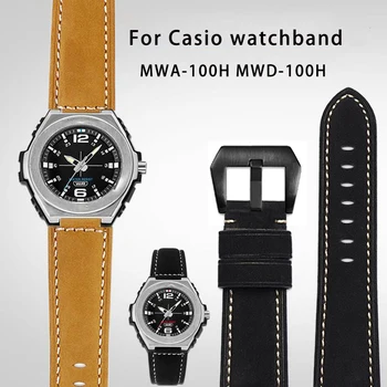 Закаленный кожаный ремешок для часов Casio Watch серии MWA-100H MWD-100H модифицированный мужской браслет из кожи в стиле Ретро, цепочка для часов