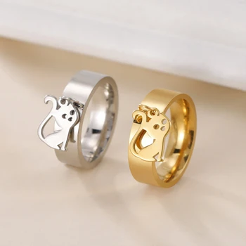 Кольца с кошками из нержавеющей стали для женщин, Золотые кольца с подвесками с милым котенком, Роскошные дизайнерские украшения, Женская свадьба, Подарки для подростков