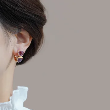 Корейская версия бордовых ретро-серег с двойным персиковым сердечком senior love, уникальный дизайн, женские подарочные серьги на день рождения
