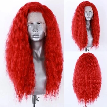 Красный цвет, распущенные вьющиеся синтетические волосы, длинный парик на кружеве спереди для женщин, свободная часть, предварительно выщипанный, естественный вид для ежедневного использования в костюмах.