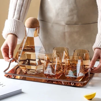 Креативный геометрический стеклянный чайник для воды с деревянным шариком Кувшин для холодной воды Соковая вода и кофейник для чая Бутылка для воды для дома подарок