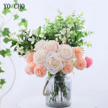 Маленький Свадебный букет из искусственных цветов YO CHO, 5 головок, Шелковый Пион, Роза для девочки, Цветочная композиция своими руками, Украшение для домашней вечеринки и свадьбы
