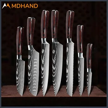 Набор кухонных ножей Дамасская сталь 7CR17 Нож шеф-повара, тесак для нарезки хлеба, нож Сантоку с деревянной ручкой, набор из 1-10 шт.
