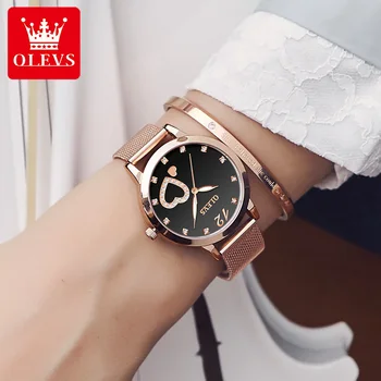 Наручные часы OLEVS для женщин, Модный сетчатый ремешок из Розового золота, Японский механизм MIYOTA, Кварцевые Женские наручные часы, Подарки Подруги