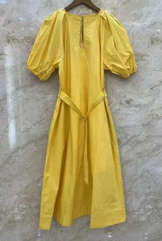 Новое летнее модное платье 2023 года, высококачественное Женское платье с круглым вырезом, сшивание цветным блоком, рукав-фонарь, Прямое Бело-желтое платье в повседневном стиле