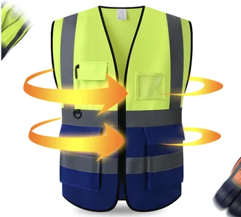 Оптовый логотип на заказ, светоотражающий жилет из полиэстеровой сетки с высокой видимостью, карманы и светоотражающая куртка на молнии