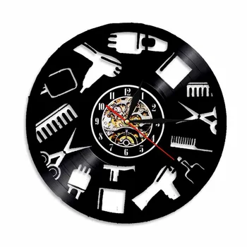 Парикмахерские инструменты, настенные часы с логотипом, Виниловая пластинка, часы, современный 3D настенный декор для парикмахерской, салон красоты