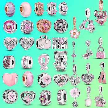 Подвески в виде сердца Сакуры подходят к браслету Pandora Ювелирные изделия из стерлингового серебра 925 пробы, Розовый Циркон, Подвеска для багажа мотоцикла, бусины