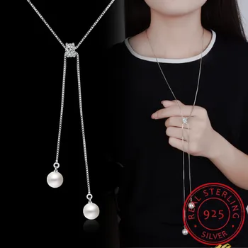 Простое модное ожерелье из стерлингового серебра 925 пробы, свитер с жемчугом и цирконием, ожерелья на длинной цепочке для женщин, колье S-N168