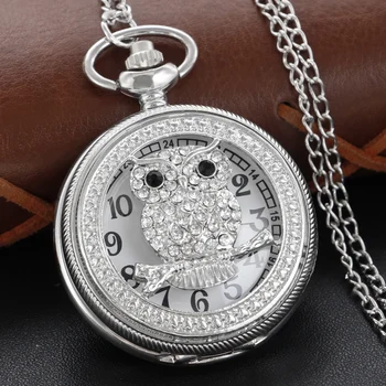 Серебряные карманные часы с резьбой в виде совы, усыпанные бриллиантами, ожерелье в стиле стимпанк, часы-цепочка, мужские Женские Детские часы-брелок, подарок
